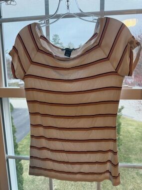 White House Black Market Cream Tee with Brown & Black Stripes